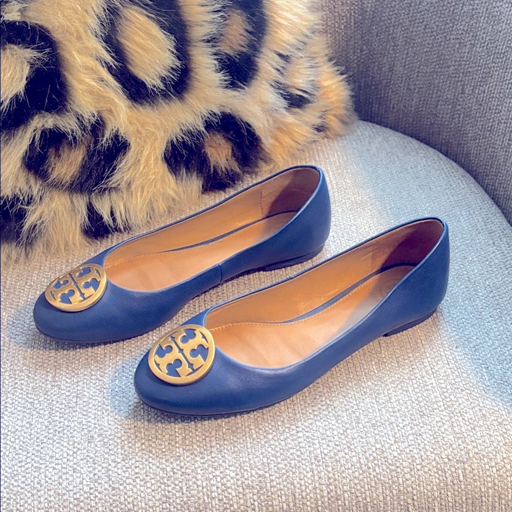 Tory Burch Blue Leather Ballet Flats with Gold Accent